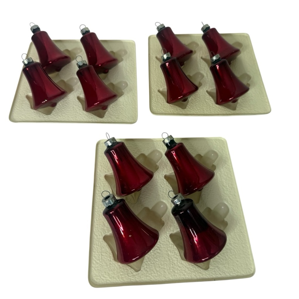 Vintage Essex Franke Scarlet‎ Red Glass Bell Ornaments 3 Boxes 12 Ornaments 3"